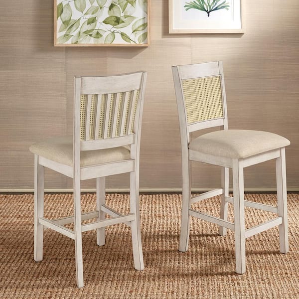 HomeSullivan 26.32 in. White Cane Slat Back Wood Accent Counter Height Chair (Set of 2)
