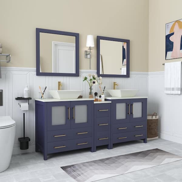 Vanity Art Ravenna 72 in. W Double Basin Bathroom Vanity in Blue with White Engineered Marble Top and Mirrors
