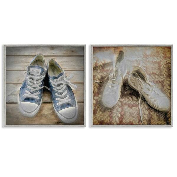 Stupell Industries Vintage Sneakers View by Graffitee Studios 2-Pieces Gray Framed Abstract Giclee Art Print 12 in. x 12 in.