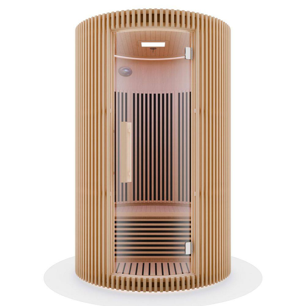 1-2-Person Round Infrared Sauna with Canadian Hemlock Wood, Infrared Heating Panels, Red Light Heater, and Glass Door