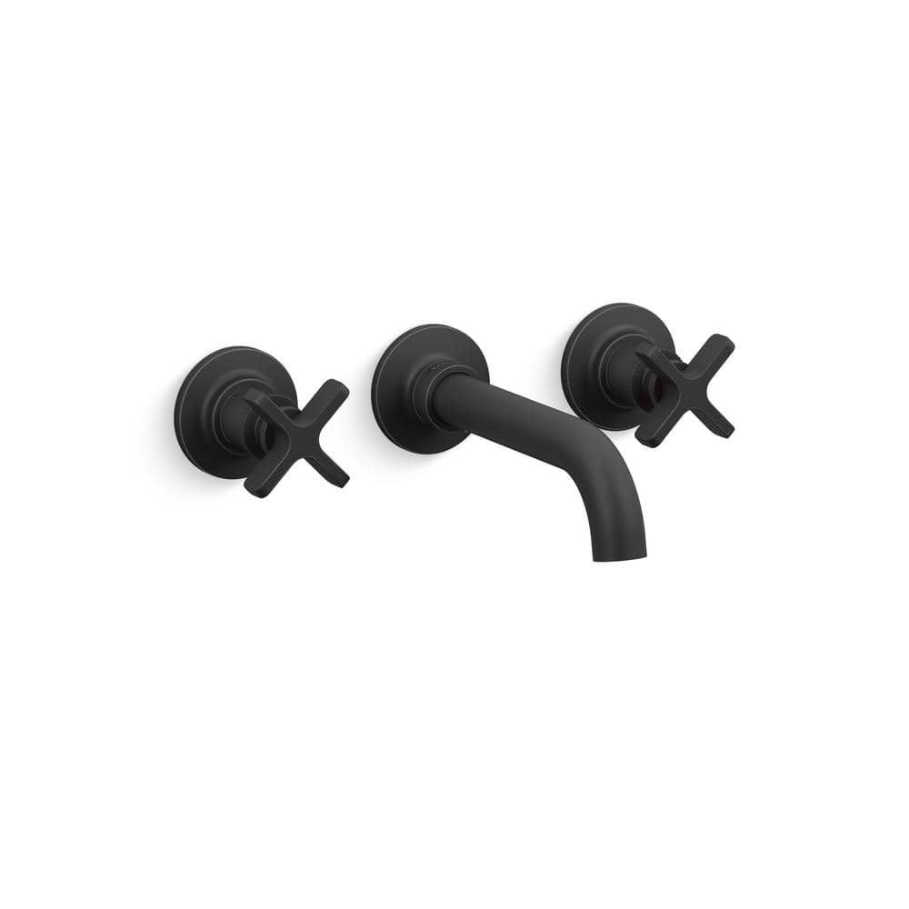 Matte Black Wall-Mount Bathroom Sink Faucet with Knurled Levers