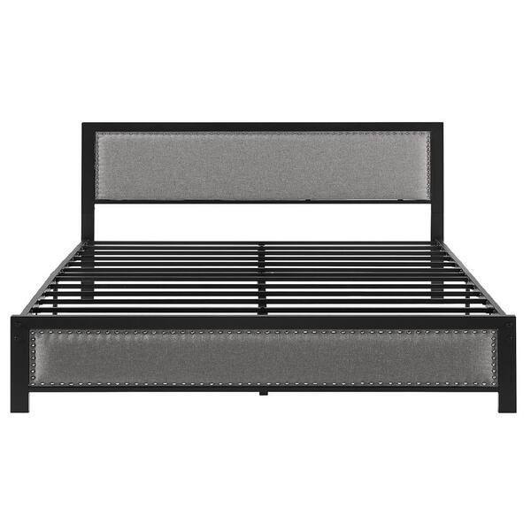 VECELO Metal Bed Frame Queen Gray with Linen Upholstered