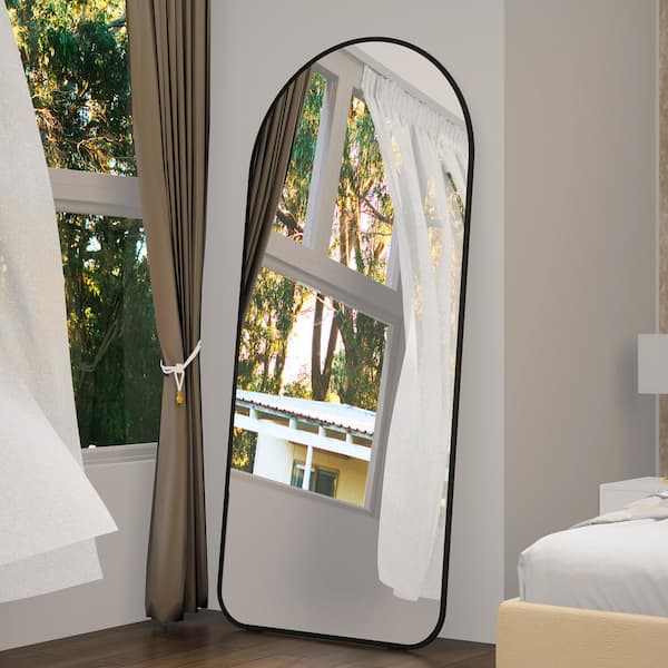 32 in. W x 71 in. H Arched Framed Freestanding Leaning Against Wall Bathroom Vanity Mirror in Black