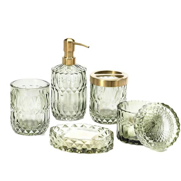 6-Piece Bath Accessory Set with Toothbrush Holder, Soap Dispenser, 2 Mason Jars, Soap Dish, Toilet Paper Basket in Green