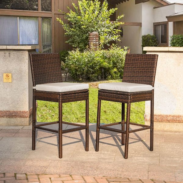 Brown Swivel Metal Outdoor Bar Stools with Beige Cushion (2-Pack)
