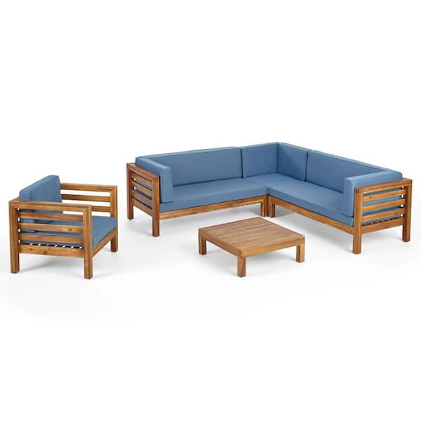 Oana Teak Brown 5-Piece Wood Outdoor Patio Conversation Sectional Seating Set with Blue Cushions