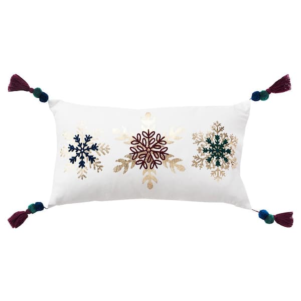 Rizzy Home Holiday Ivory/Multi-Color Snowflakes Cotton Poly Filled Decorative 26 in. x 14 in. Throw Pillow