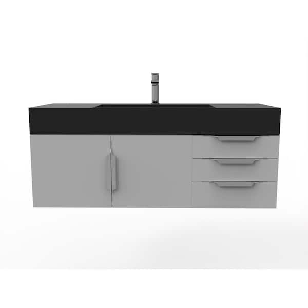 castellousa Maranon 48 in. W x 19 in. D x 19.25 in. H Single Bath Vanity in Matte Gray with Chrome Trim and Black Solid Surface Top