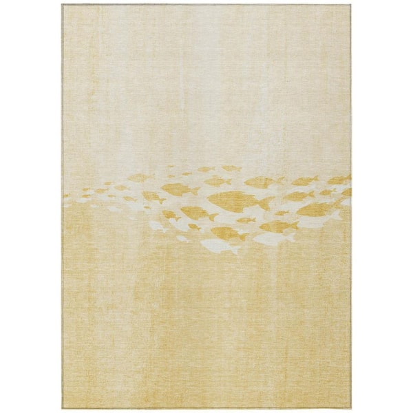 Gold, Yellow, Wheat 8 ft. x 10 ft. Woven Geometric Polyester Rectangle Indoor/Outdoor Area Rug
