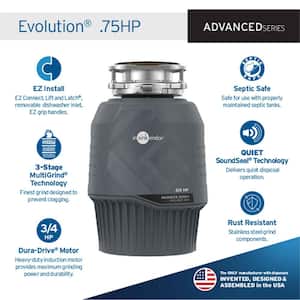 Evolution .75HP, 3/4 HP Garbage Disposal, Continuous Feed Food Waste Disposer w EZ Connect Cord & Putty-Free Sink Seal