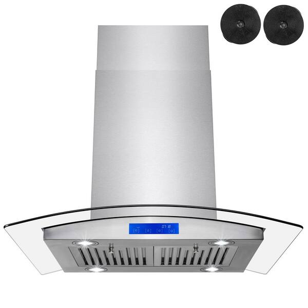 AKDY 36 in. Convertible Island Mount Range Hood in Stainless Steel with Tempered Glass, Touch Control and Carbon Filters