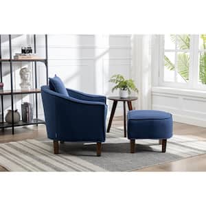 Modern Upholstered Comfy Navy Blue Linen Fabric Accent Chair with Ottoman