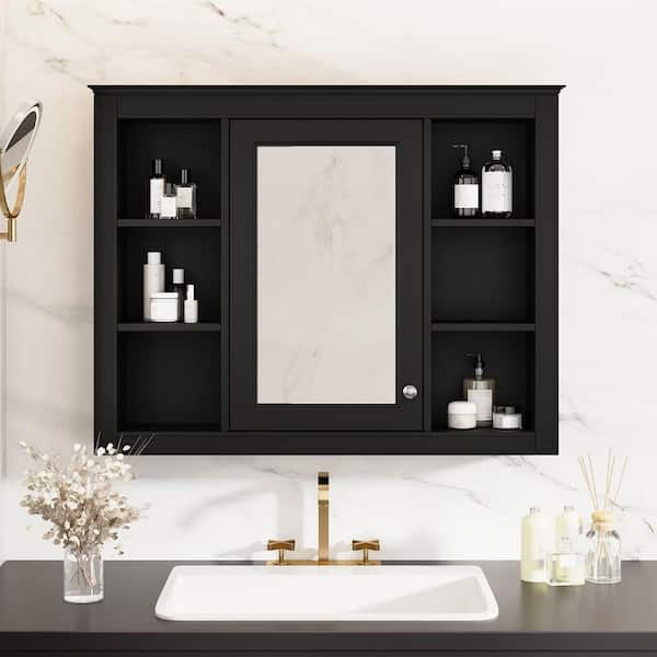 35 in. W x 27.5 in. H Black Rectangular MDF Medicine Cabinet with Mirror