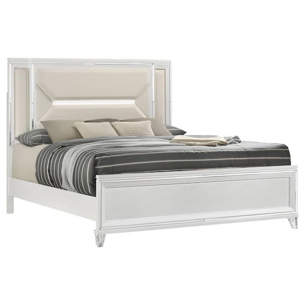 Marmore White and Off White Wood Frame Queen Panel Bed with 3D Headboard Upholstered