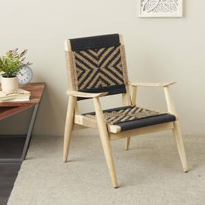 Black Handmade Geometric Patterned Woven Jute Rope Accent Chair with Brown Mango Wood Frame