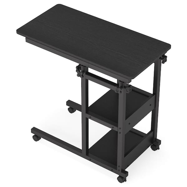 TRIBESIGNS WAY TO ORIGIN Andrea 31.5 in. C-Shaped Black Mobile Computer Desk Height Adjustable Laptop End Storage Shelves Standing Rolling Cart