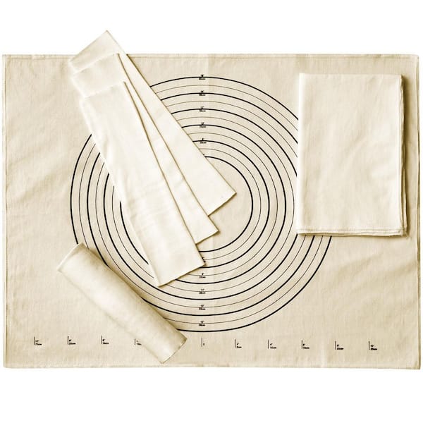 Cotton White Pastry Cloth and Rolling Pin Cover Set with Non-Stick Feature 6-Piece Baking Kitchen Supplies