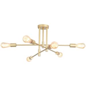 27.56 in. 6-Light Spray Gold Dimmable Sputnik Chandelier Modern Linear Semi Flush Mount Ceiling Light for Living Room