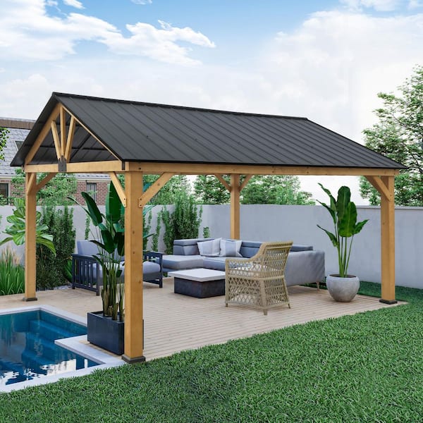 15 ft. x 13 ft. Cedar Wood Hardtop Outdoor Patio Gazebo with Galvanized Steel Roof