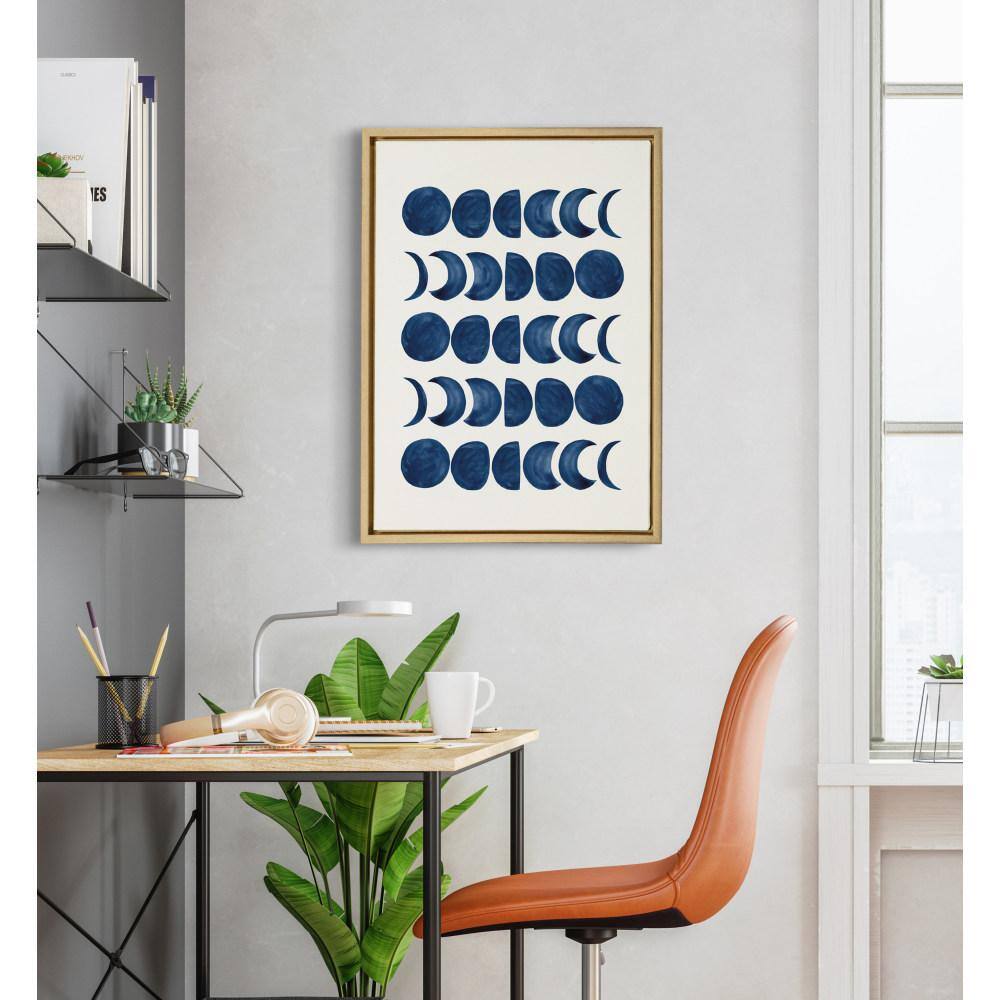 Sylvie Moon Phases Blue Abstract Canvas Art with Gold Frame