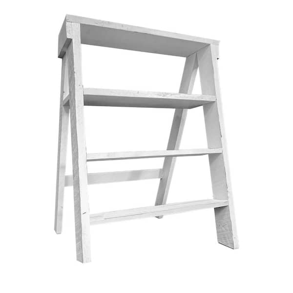 THE URBAN PORT 21 in. Weathered White Wooden Ladder Bookcase with 4-Tier Open Shelving