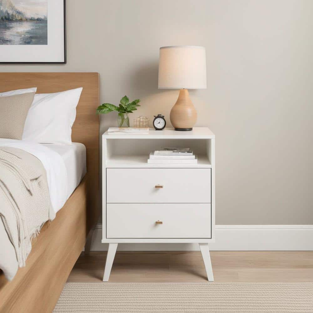White Mid Century Modern 2 Drawer Nightstand with Shelf