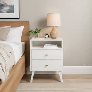 Milo Mid Century Modern 2-Drawer White Tall Nightstand with Open Shelf