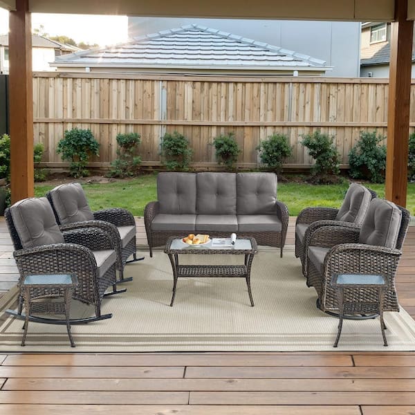 Brown 8-Piece Wicker Patio Conversation Set with Swivel Rockers, Outdoor Sofa Seating Set with Olefin Gray Cushions