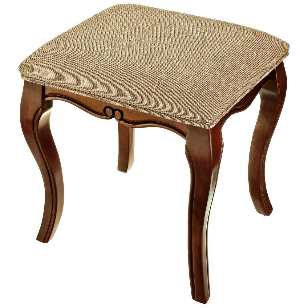 Cherry Finish European-Style Vanity Stool with Upholstered Cushion