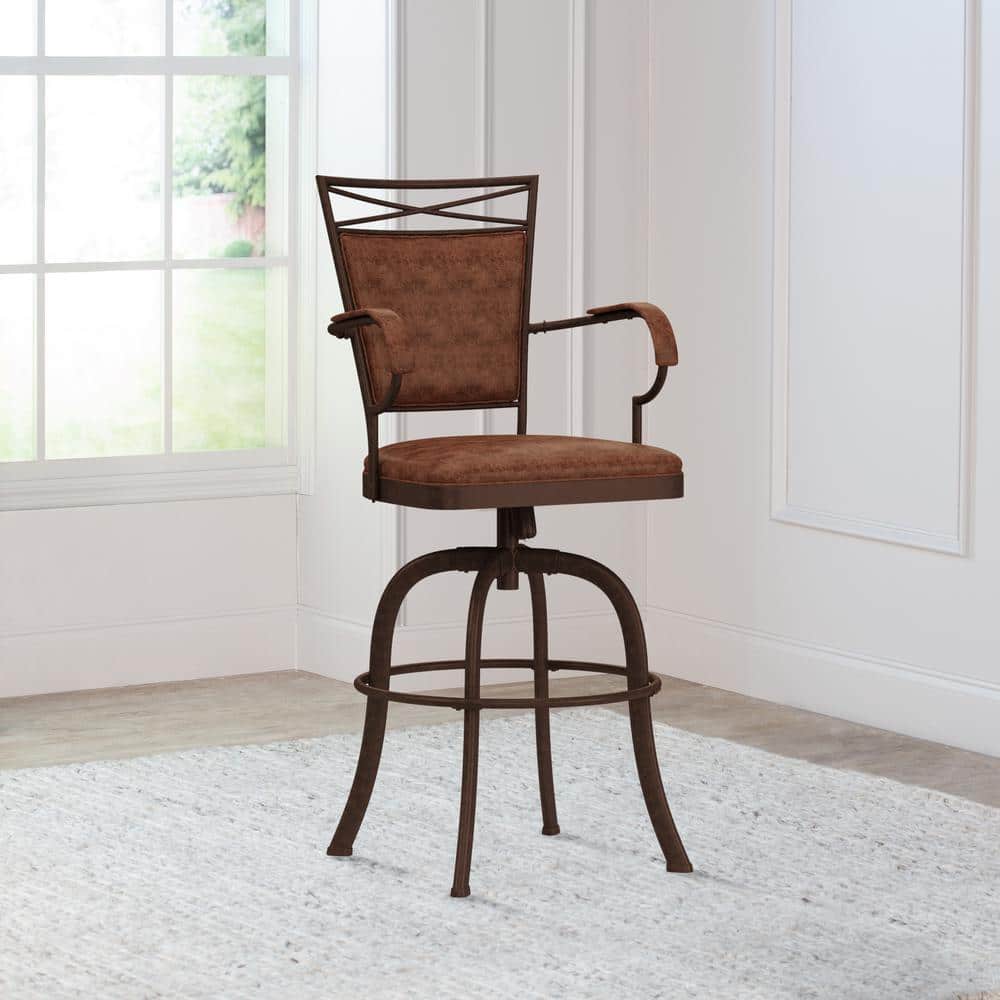 Aged Bronze Swivel Bar Stool with Weathered Brown Faux Leather
