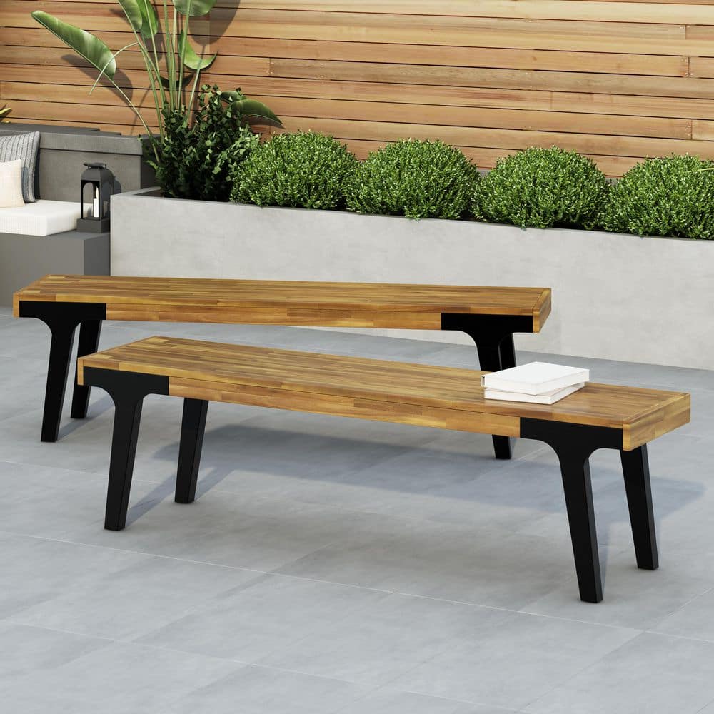 Mondawe 2-Piece Teak Wood Outdoor Patio Benches Long Dining Benches ...