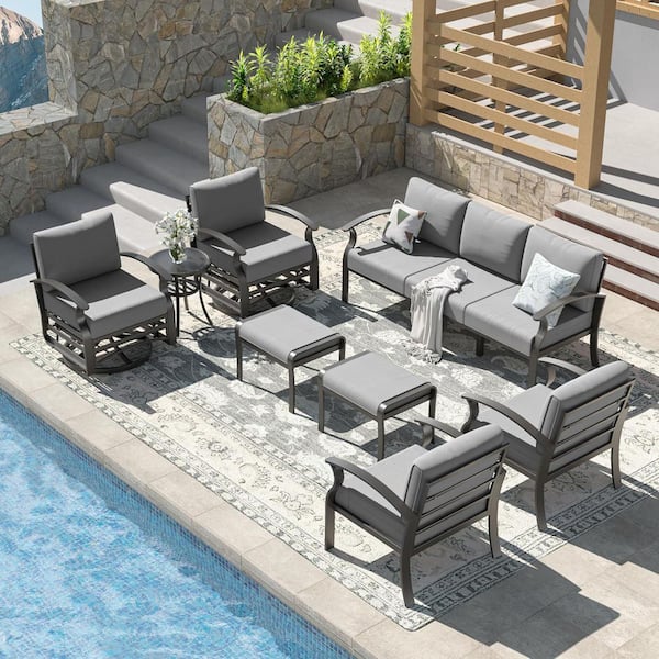 7-Piece Patio Aluminum Conversation Set with Ottoman, 2 Swivel Rocking Chairs with 360 lb. Capacity and Gray Cushions