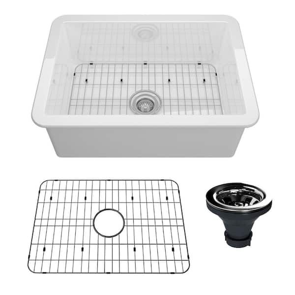 CASAINC Glossy White Fireclay 27 in. Single Bowl Undermount Kitchen Sink with Bottom Grid and Drainer