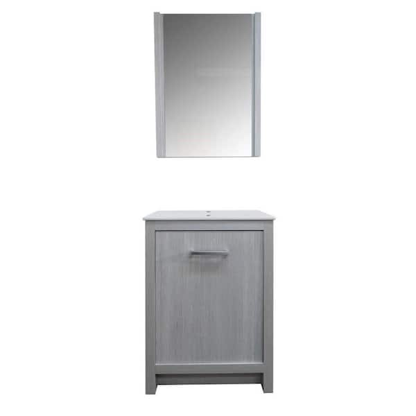 Bellaterra Home 24 in. W x 18 in. D x 33.5 in. H Single Vanity in Gray w Ceramic Vanity Sink Top in White w Matching 24 in. Mirror