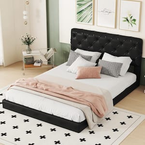 Button-Tufted Black Wood Frame Queen Size PU Leather Upholstered Platform Bed with Support Legs