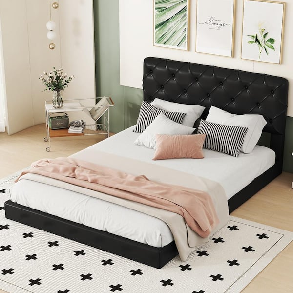 Harper & Bright Designs Button-Tufted Black Wood Frame Queen Size PU ...