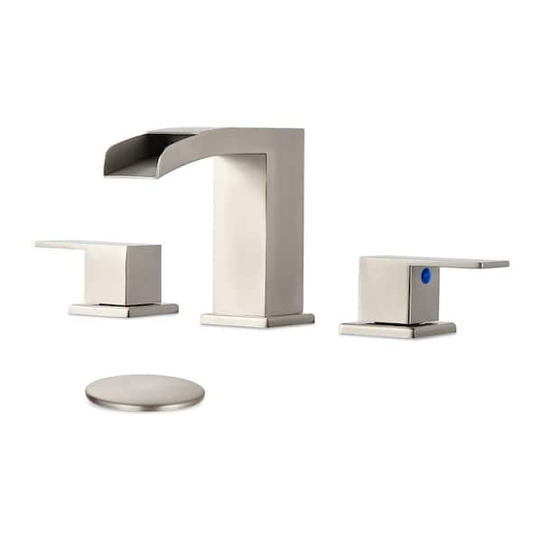 Heemli Waterfall 304 stainless steel 8 in. Widespread Double Handle Bathroom Faucet with Drain Kit Included in Brushed Nickel