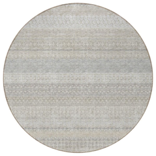 Ivory 8 Round ft. Woven Striped Polyester Round Indoor / Outdoor Area Rug