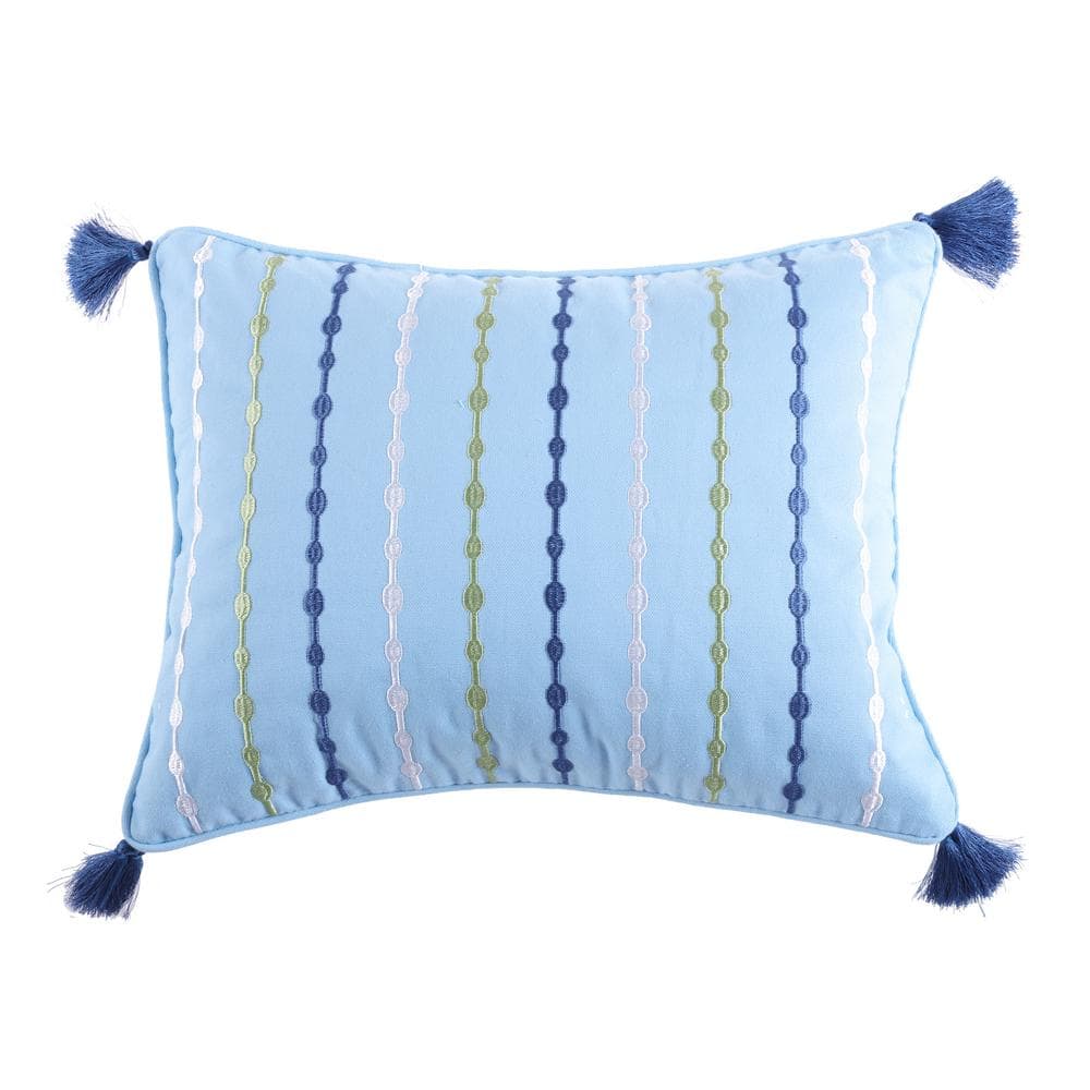 Blue and Green Embroidered Rectangular Tassel Throw Pillow