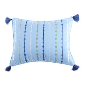 Catalina Blue, White and Green Embroidered with Tassels 14 in. x 18 in. Throw Pillow