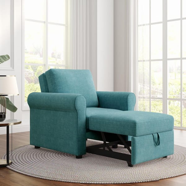 34 in. Teal Linen Twin Size Single Sofa Bed, Convertible Sleeper Chair Bed, Lounger Chair