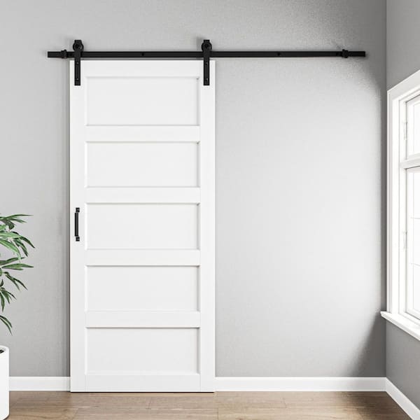 36 in. x 84 in. Paneled 5-Lites White MDF with PVC Finished Sliding Barn Door Slab with Hardware Kit and Soft Close