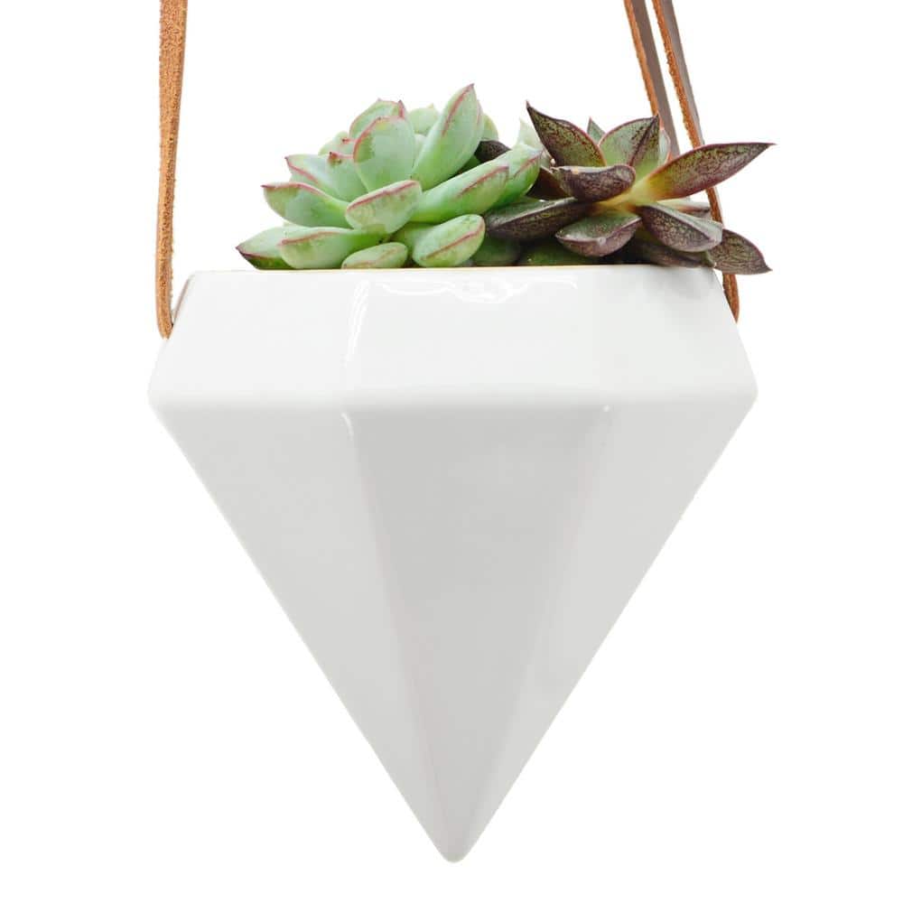 Gloss White Diamond Ceramic Hanging Planter with Leather Rope