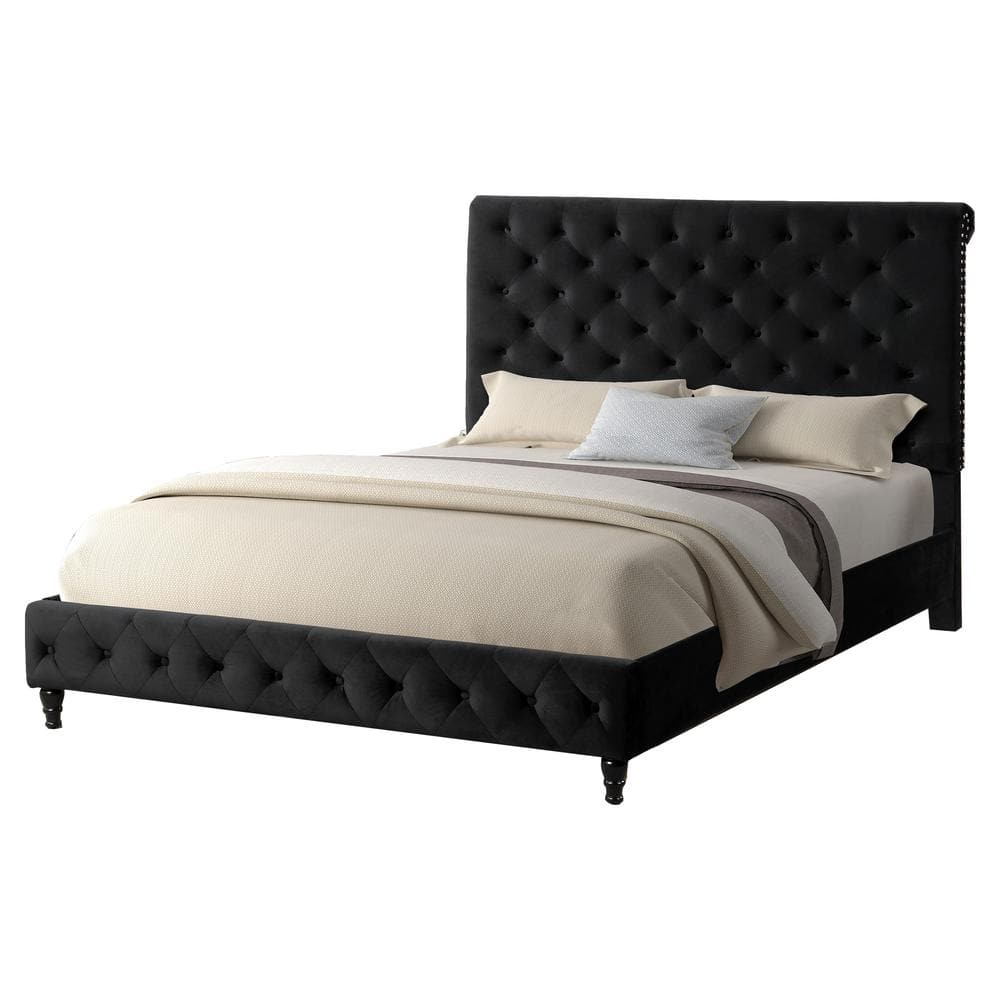 Regal Black Velvet King Bed with Tufted Headboard and Nailhead Trim
