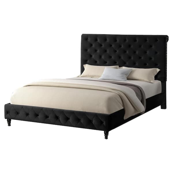 Best Master Furniture Black Clover Velvet King Platform Bed with Nail Head Trim