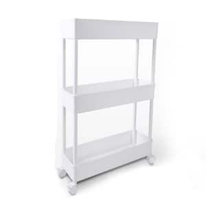 3-Tier Plastic Lockable Wheeled Narrow Kitchen Cart, Organizer Cart in White