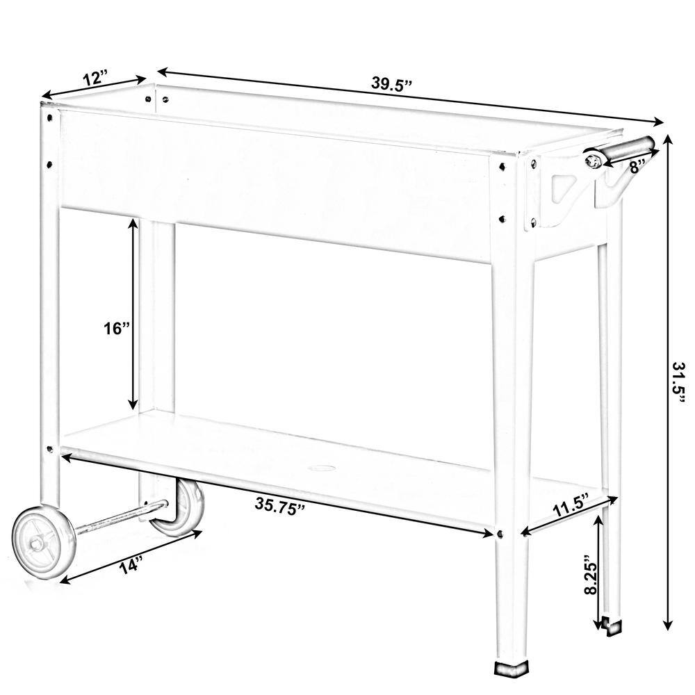 Elevated White Metal Mobile Planter Cart with Storage Shelf