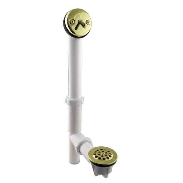 Westbrass 14 in. White Poly Tubular Bath Waste & Overflow Assembly with Trip Lever and Strainer Grid Drain Cover, Polished Brass