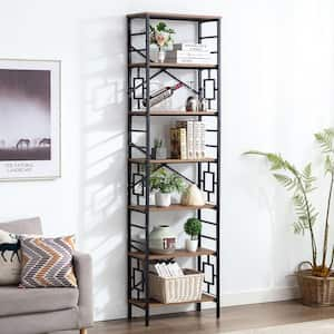 23.6 in. W Brown Wood 7-Shelf Etagere Wall Mount Bookcase with Open Back