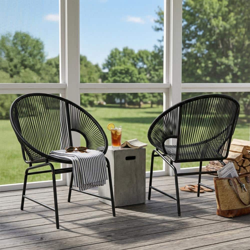 OUTDOOR PATIO WICKER CHAIR, BLACK PE RATTAN & IRON FRAME, SET OF 2 Z ...